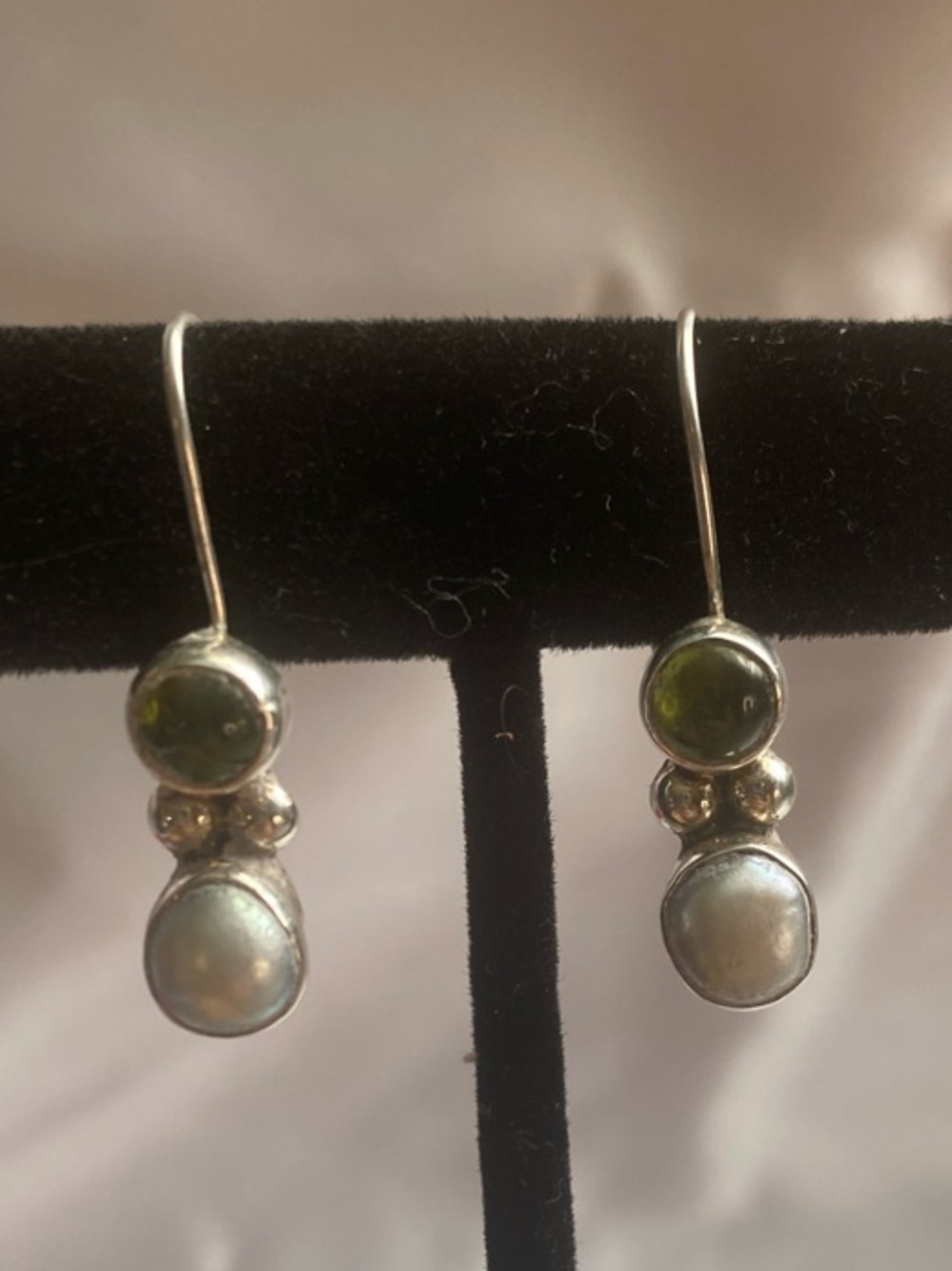 Green and Pearl Sterling Drop Earrings